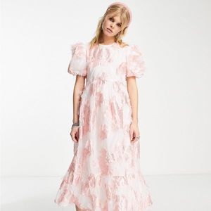Sister Jane puff sleeve midi smock dress in pink jacquard
